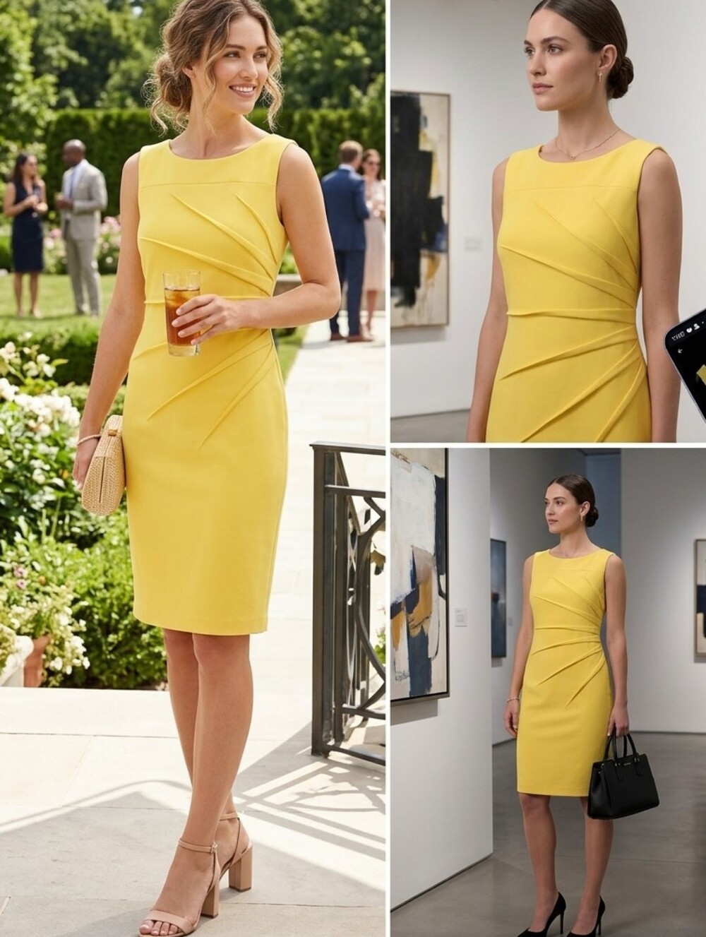 Calvin Klein Yellow Sunburst Sheath Dress with Ruched Side Detail - Size 10
